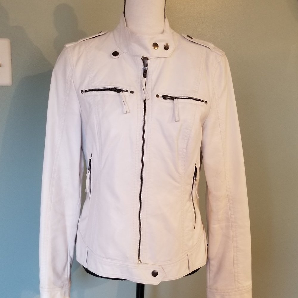 Black Rivet White Faux Leather Moto Jacket-Size M